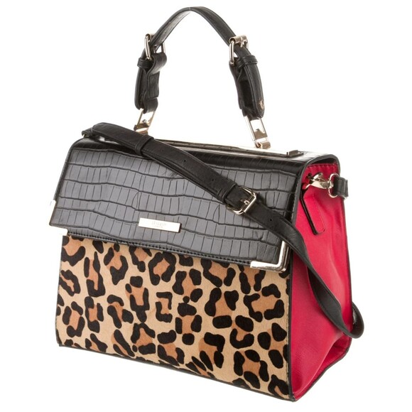 DUNE LONDON ANIMAL PRINT BLACK/RED LEATHER PONY HAIR TRIM FLAT HANDLE LARGE BAG - Picture 1 of 14